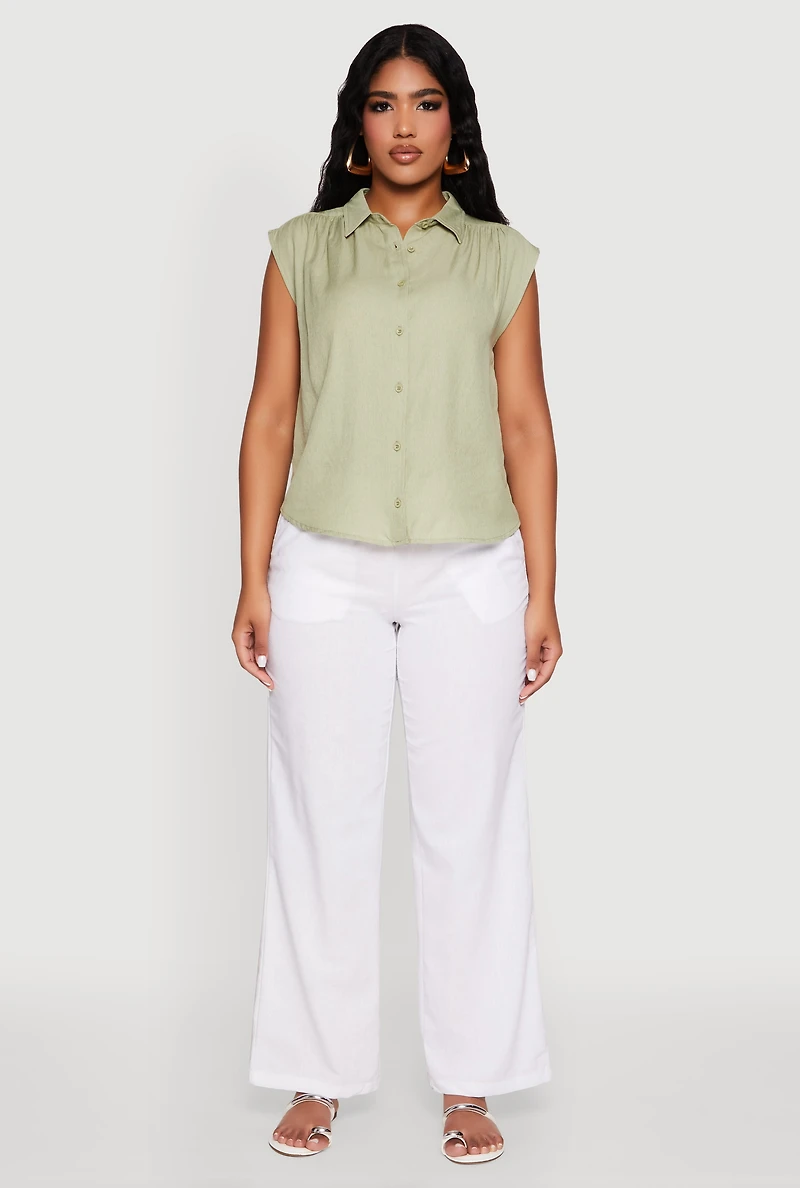 Womens Linen Drawstring Waist Pants, White, Size L