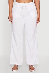 Womens Linen Drawstring Waist Pants, White, Size S