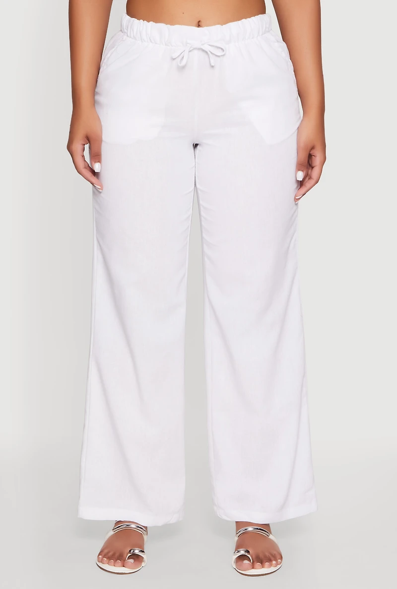 Womens Linen Drawstring Waist Pants, White, Size L