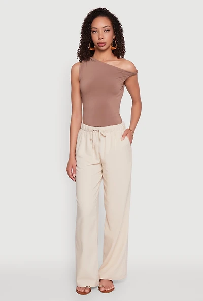 Womens Linen Drawstring Waist Pants, Khaki, Size L