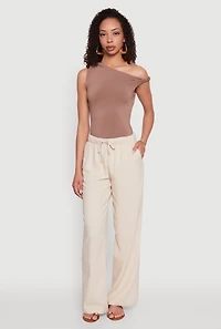 Womens Linen Drawstring Waist Pants, Khaki, Size M