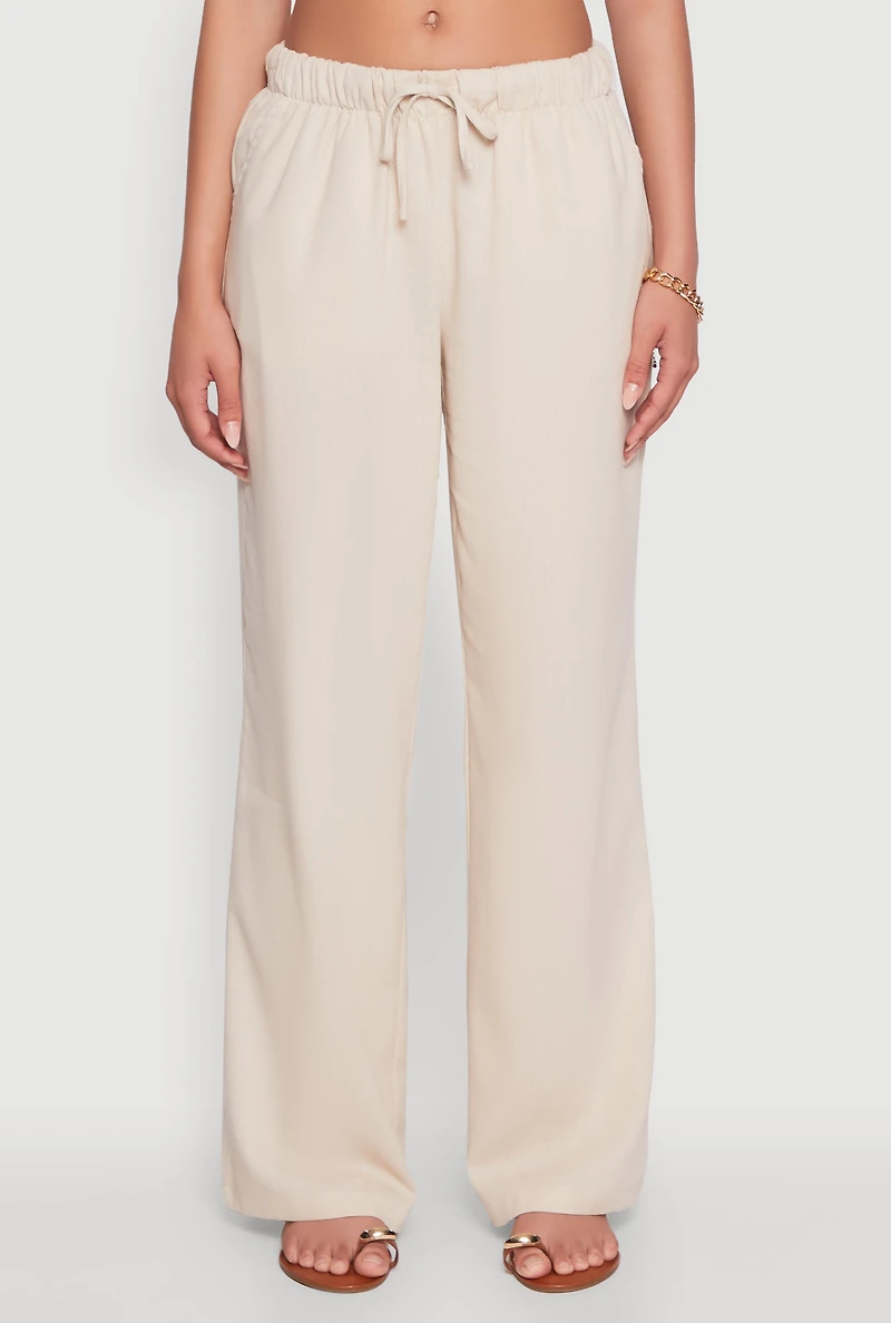 Womens Linen Drawstring Waist Pants, Khaki, Size M