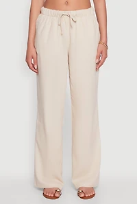 Womens Linen Drawstring Waist Pants, Khaki, Size M