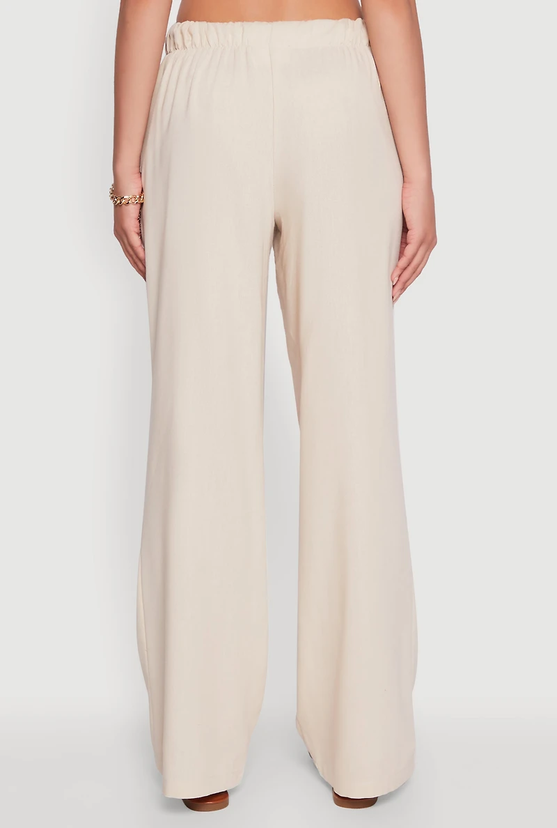 Womens Linen Drawstring Waist Pants, Khaki, Size M