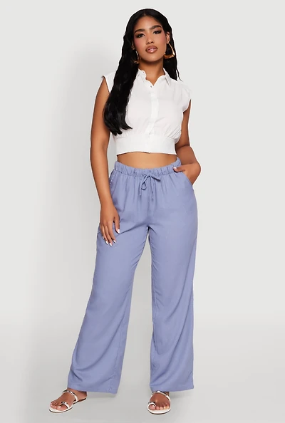 Womens Linen Drawstring Waist Pants, Blue, Size S