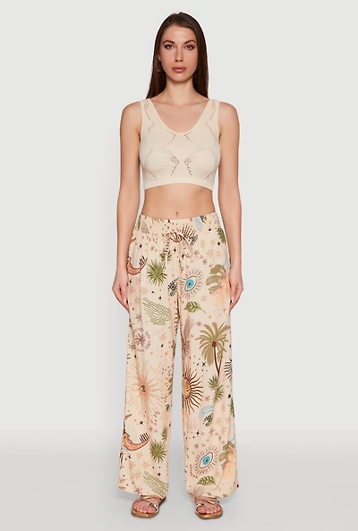 Patterned Faux Drawstring Smocked Waist Palazzo Pants