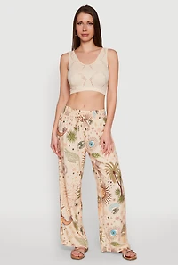 Womens Patterned Faux Drawstring Smocked Waist Palazzo Pants, Multi, Size L