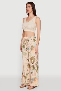 Womens Patterned Faux Drawstring Smocked Waist Palazzo Pants, Multi, Size L