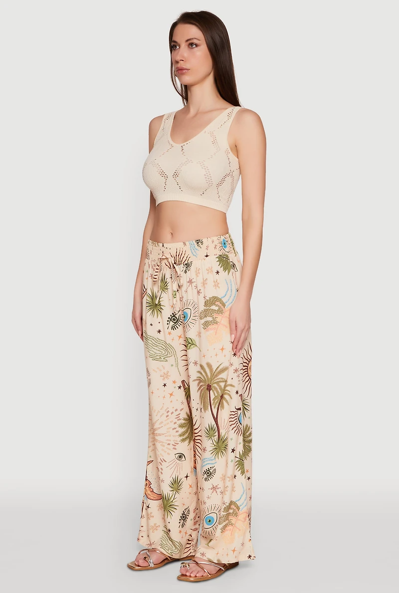 Womens Patterned Faux Drawstring Smocked Waist Palazzo Pants, Multi, Size S