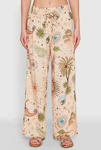 Womens Patterned Faux Drawstring Smocked Waist Palazzo Pants, Multi, Size L