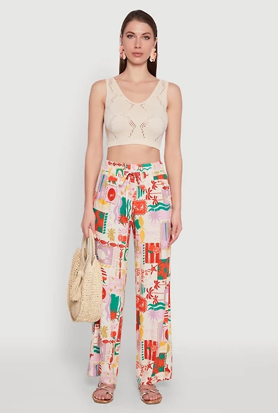 Womens Patterned Faux Drawstring Smocked Waist Palazzo Pants, Multi,