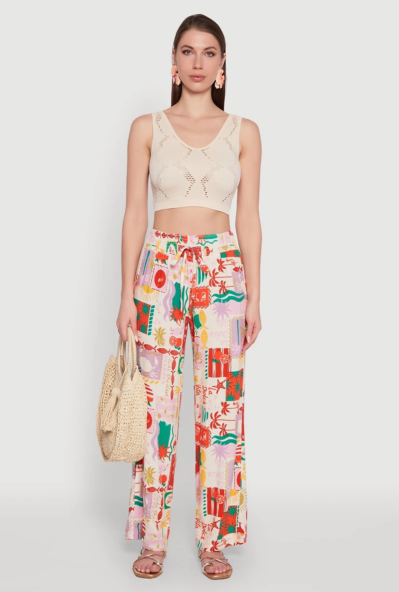 Patterned Faux Drawstring Smocked Waist Palazzo Pants