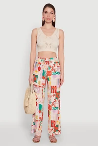 Patterned Faux Drawstring Smocked Waist Palazzo Pants