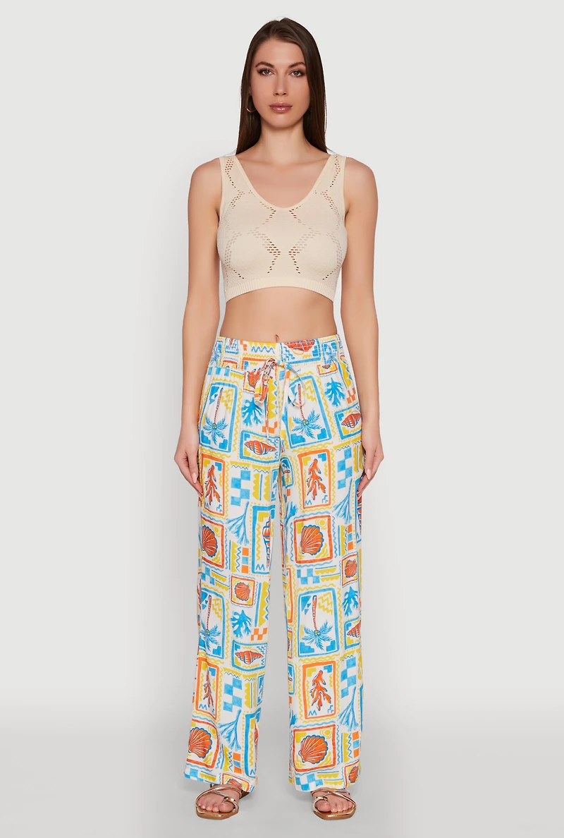 Womens Patterned Faux Drawstring Smocked Waist Palazzo Pants, Multi, Size M