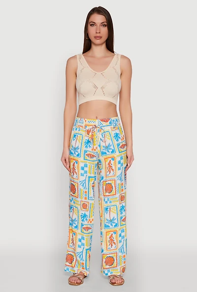 Womens Patterned Faux Drawstring Smocked Waist Palazzo Pants, Multi, Size M