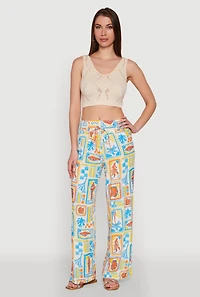 Womens Patterned Faux Drawstring Smocked Waist Palazzo Pants, Multi, Size M