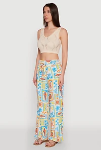 Womens Patterned Faux Drawstring Smocked Waist Palazzo Pants, Multi, Size M