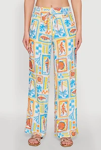 Womens Patterned Faux Drawstring Smocked Waist Palazzo Pants, Multi, Size M