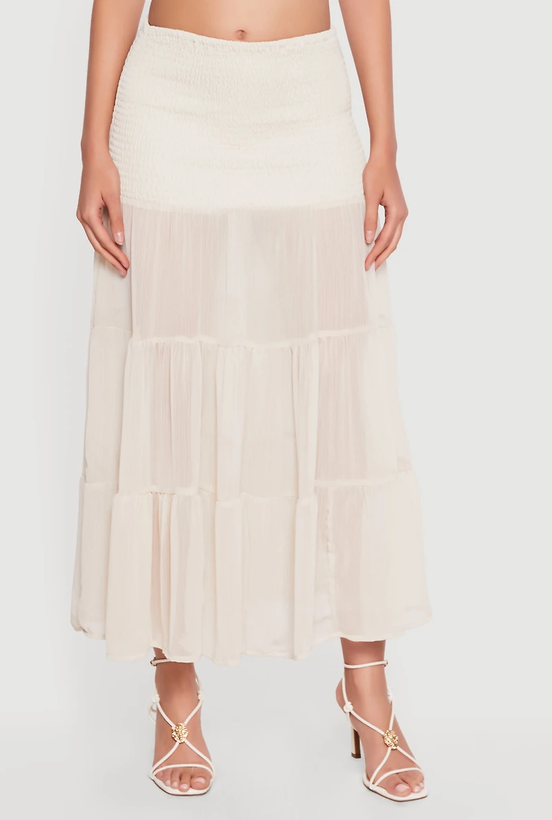 Smocked Waist Ruffle Tiered Maxi Skirt