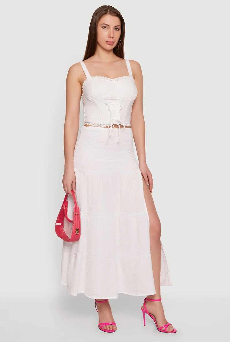 Gauze Knit Side Slit Tiered Maxi Skirt