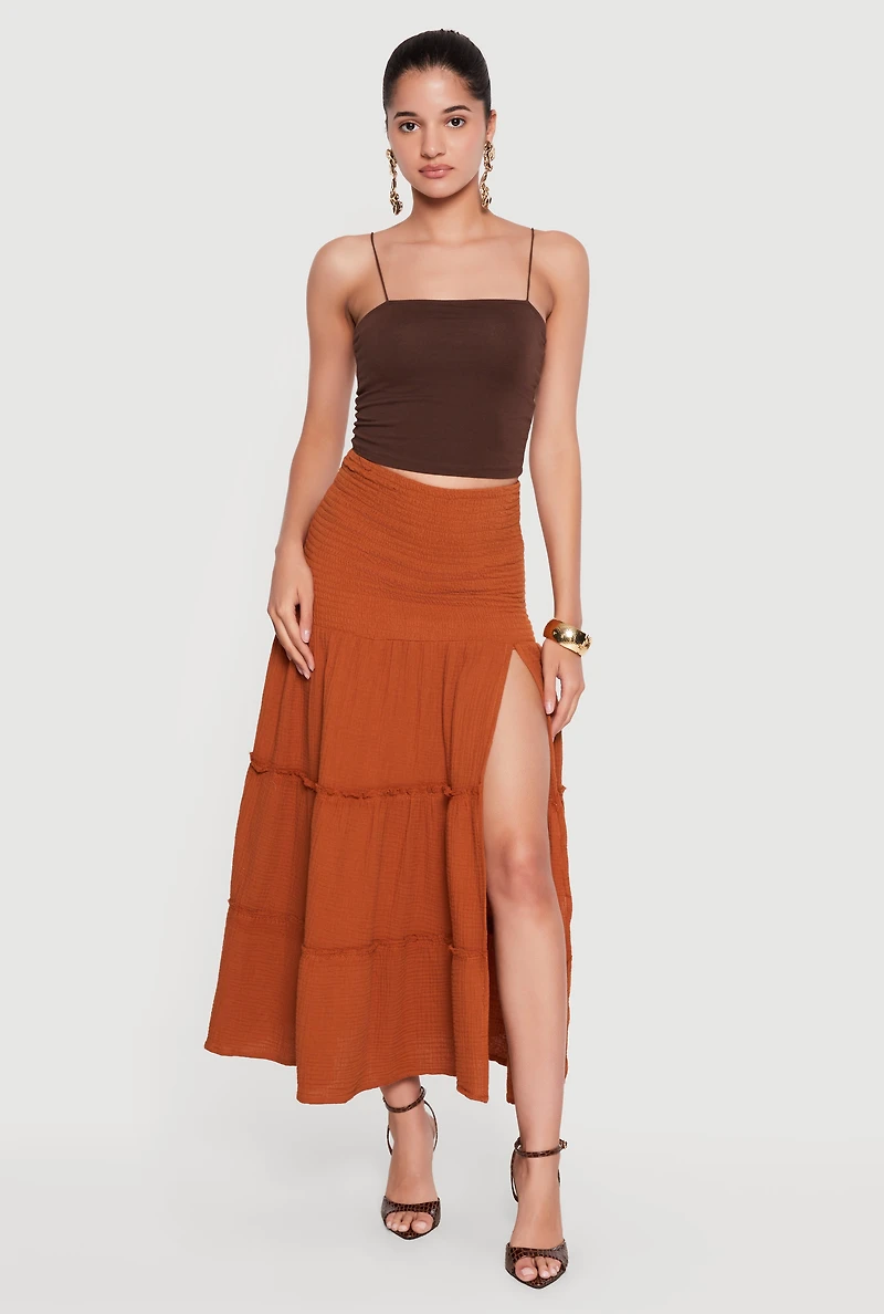 Gauze Knit Side Slit Tiered Maxi Skirt