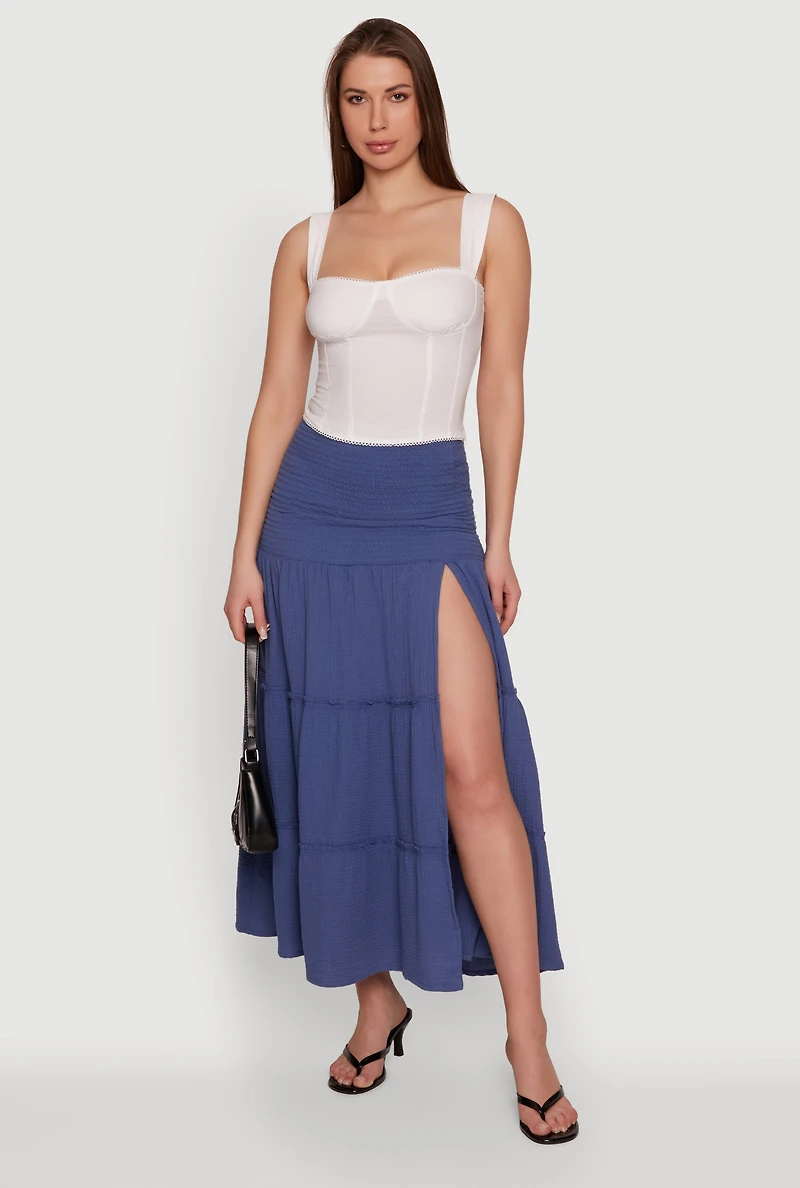Gauze Knit Side Slit Tiered Maxi Skirt