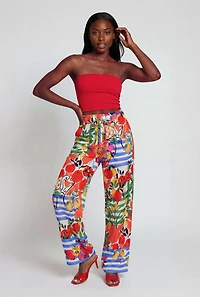 Patterned Paper Bag Waist Wide Leg Pants