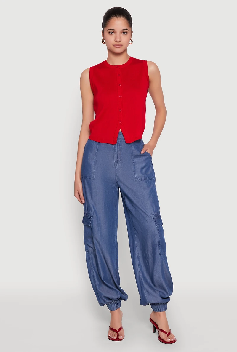 Womens Chambray High Waisted Cargo Joggers, Blue, Size M