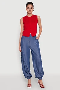 Womens Chambray High Waisted Cargo Joggers, Blue, Size M