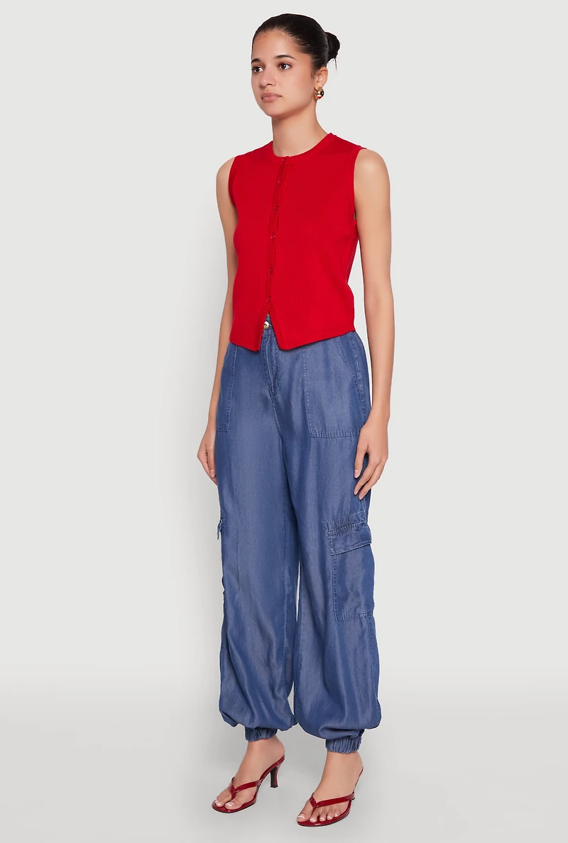 Womens Chambray High Waisted Cargo Joggers, Blue,