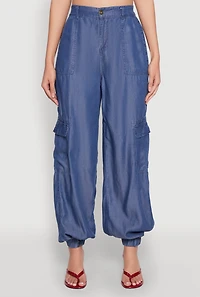 Womens Chambray High Waisted Cargo Joggers, Blue, Size S