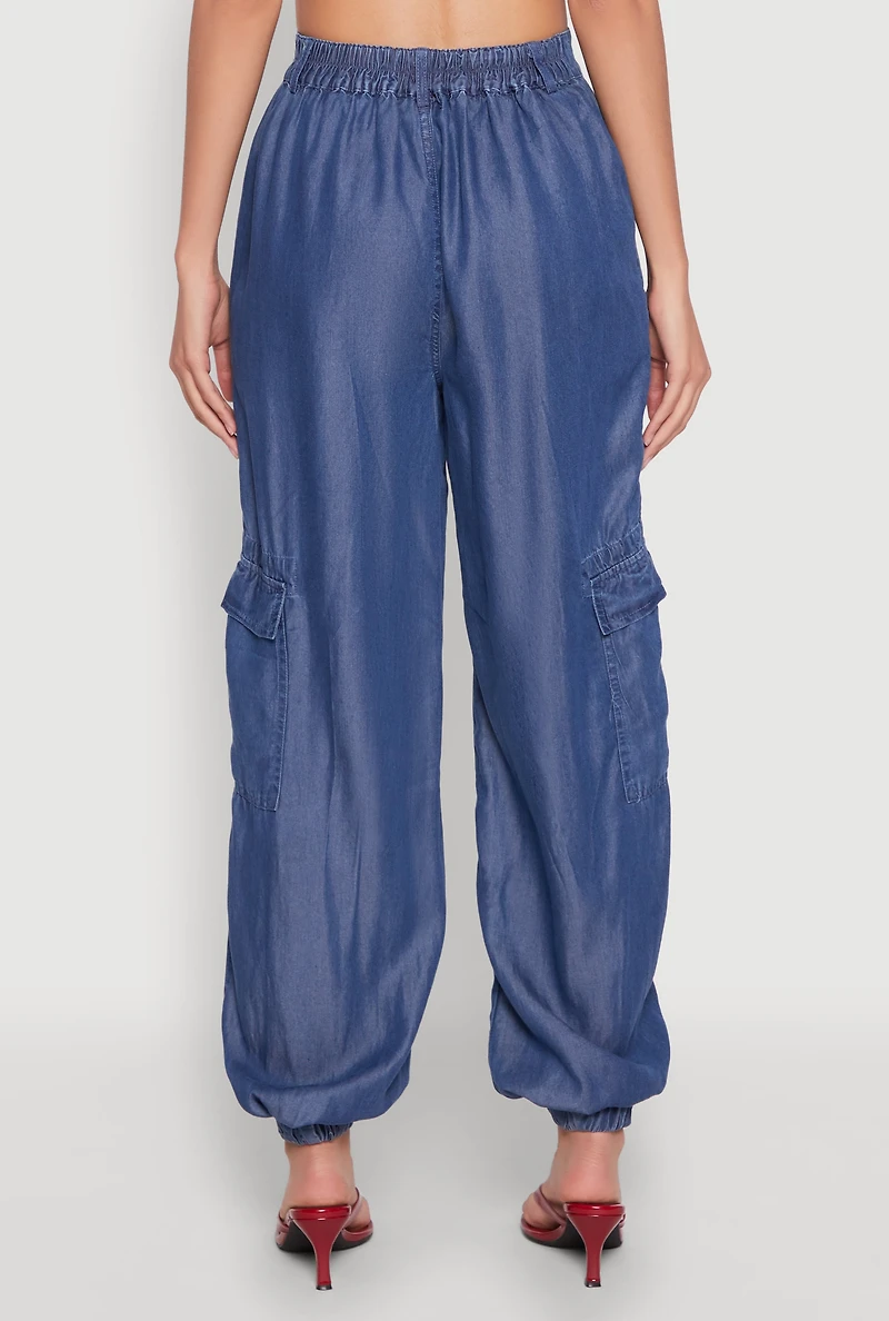 Womens Chambray High Waisted Cargo Joggers, Blue, Size S