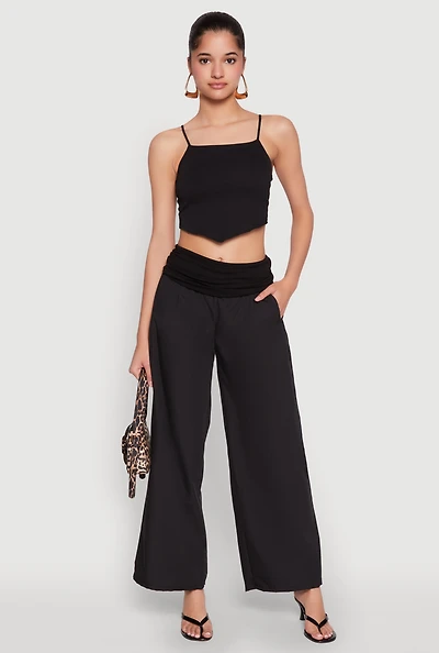 Womens Fold Over Wide Leg Pants, Black,