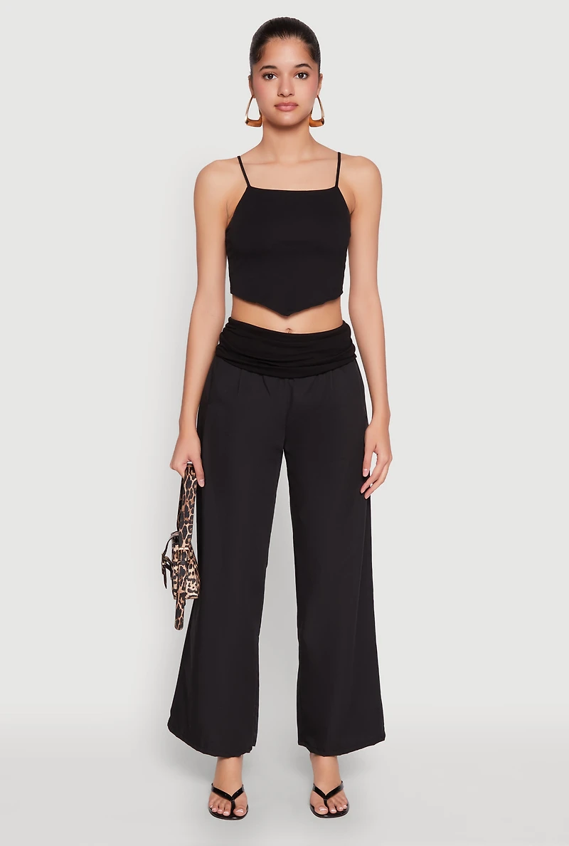 Womens Fold Over Wide Leg Pants, Black, Size M