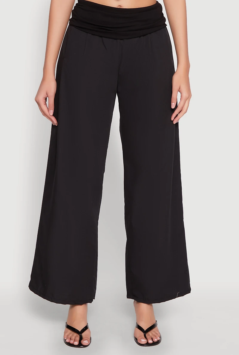 Womens Fold Over Wide Leg Pants, Black, Size S
