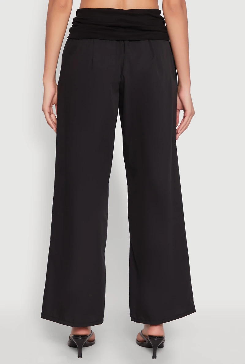 Womens Fold Over Wide Leg Pants, Black, Size S
