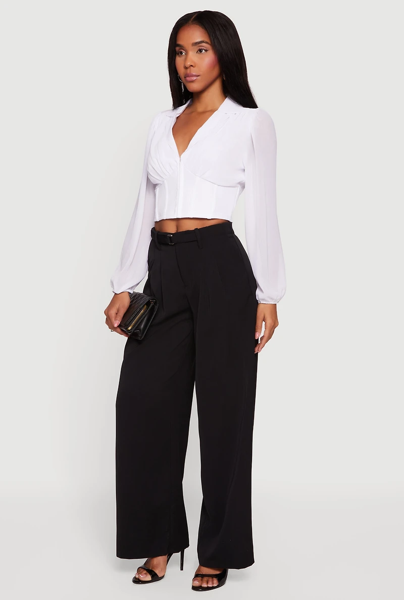 Crepe Knit Belted Front Wide Leg Dress Pants