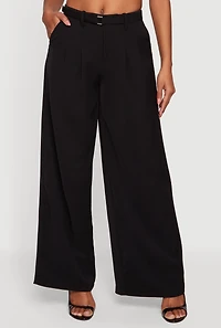 Crepe Knit Belted Front Wide Leg Dress Pants
