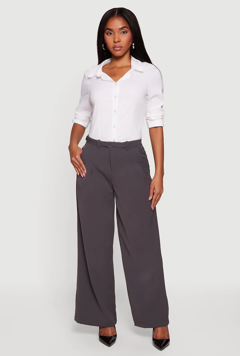 Crepe Knit Belted Front Wide Leg Dress Pants