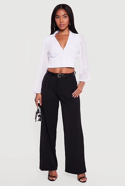 Crepe Knit Pleated Wide Leg Dress Pants with Belt