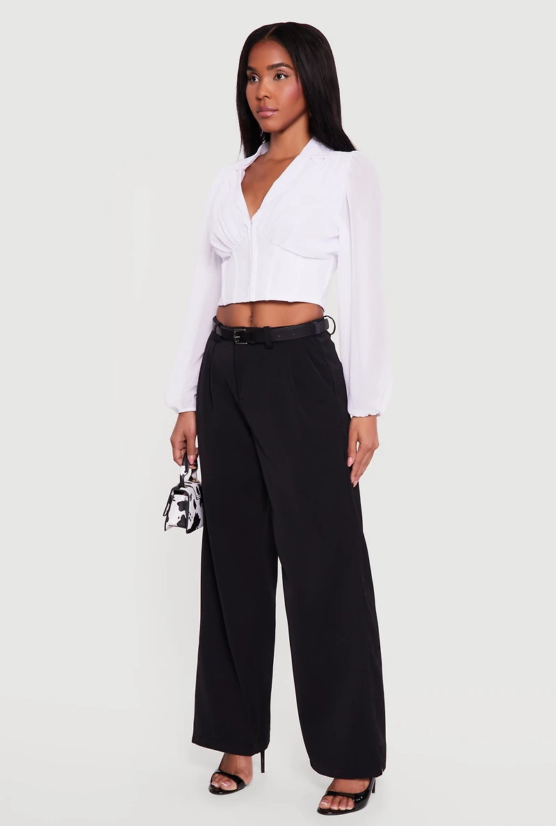 Crepe Knit Pleated Wide Leg Dress Pants with Belt