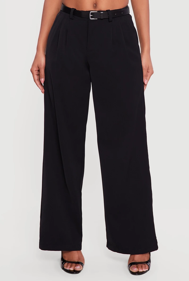 Crepe Knit Pleated Wide Leg Dress Pants with Belt