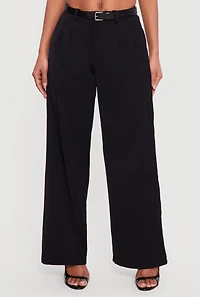 Crepe Knit Pleated Wide Leg Dress Pants with Belt