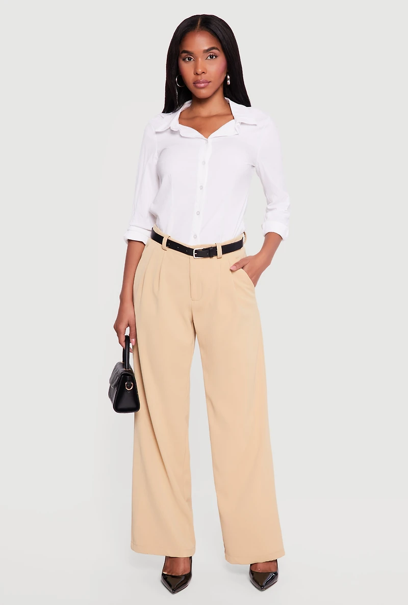 Crepe Knit Pleated Wide Leg Dress Pants with Belt