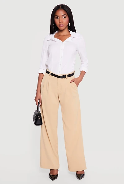 Crepe Knit Pleated Wide Leg Dress Pants with Belt