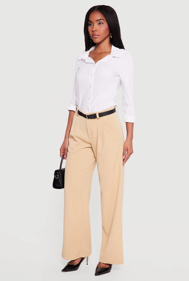 Crepe Knit Pleated Wide Leg Dress Pants with Belt