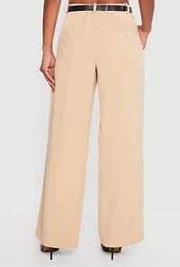 Crepe Knit Pleated Wide Leg Dress Pants with Belt
