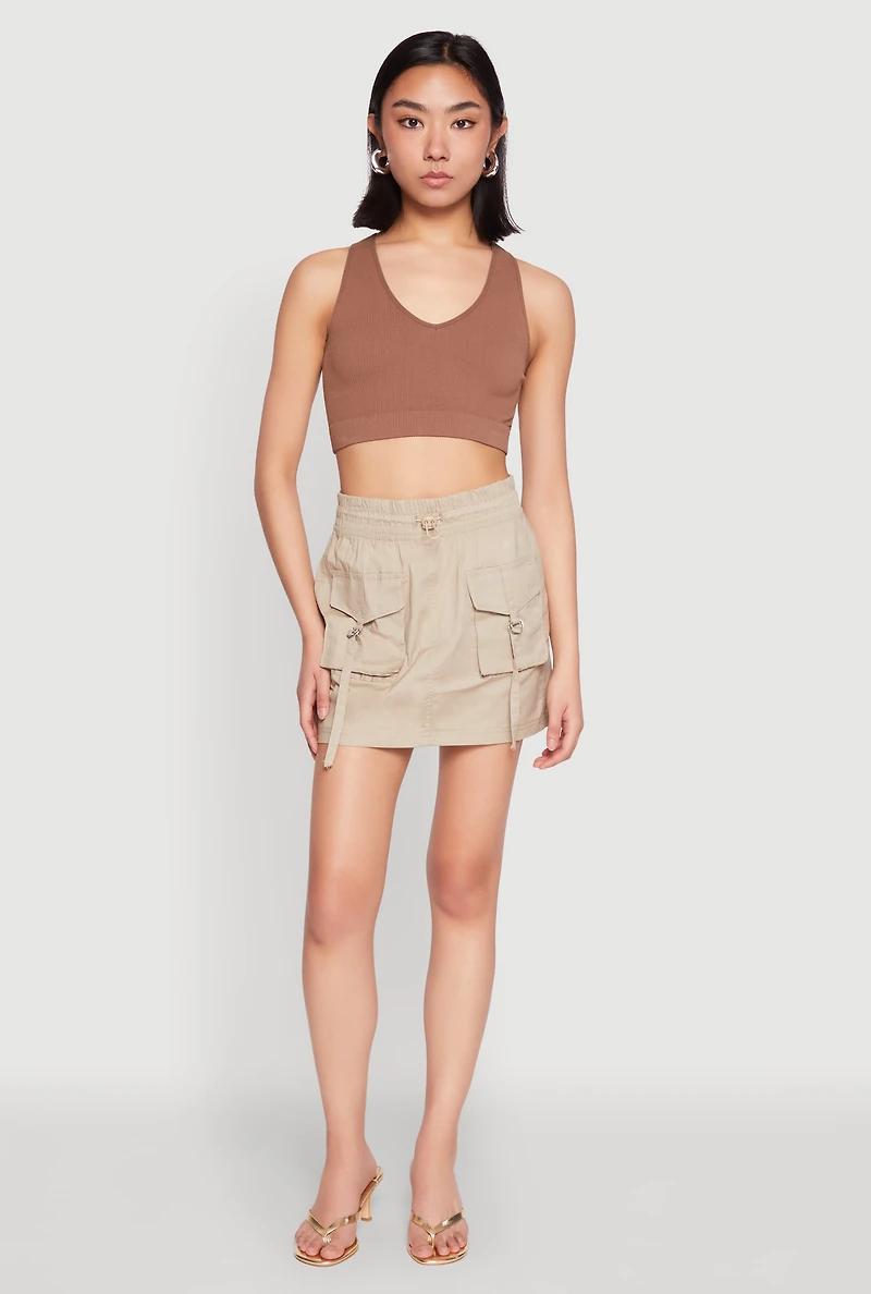 Womens Toggle Drawstring Mini Cargo Skirt, Khaki,