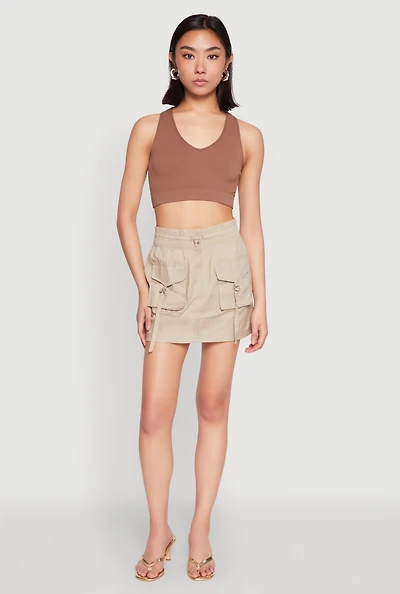 Womens Toggle Drawstring Mini Cargo Skirt, Khaki,
