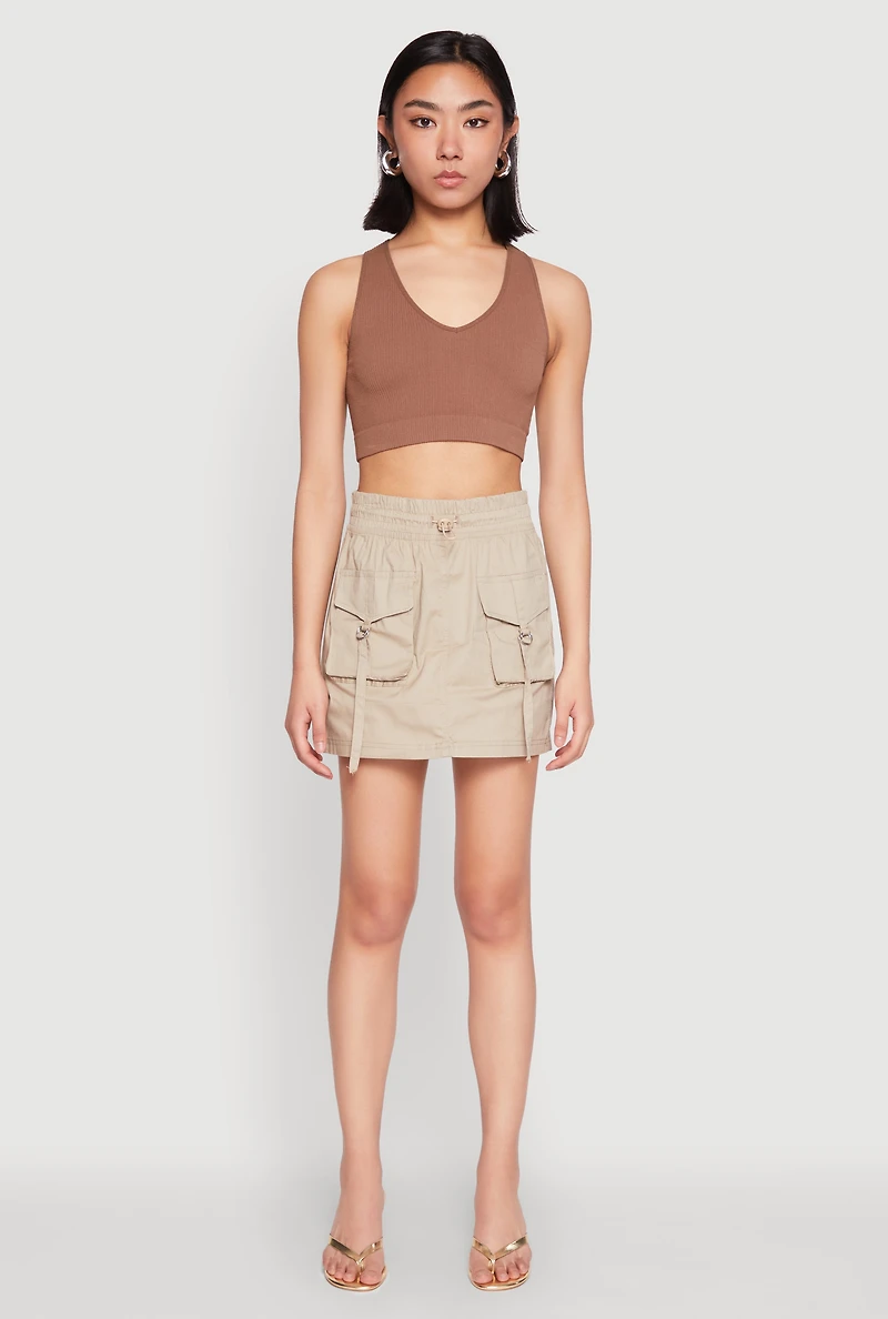 Womens Toggle Drawstring Mini Cargo Skirt, Khaki, Size M